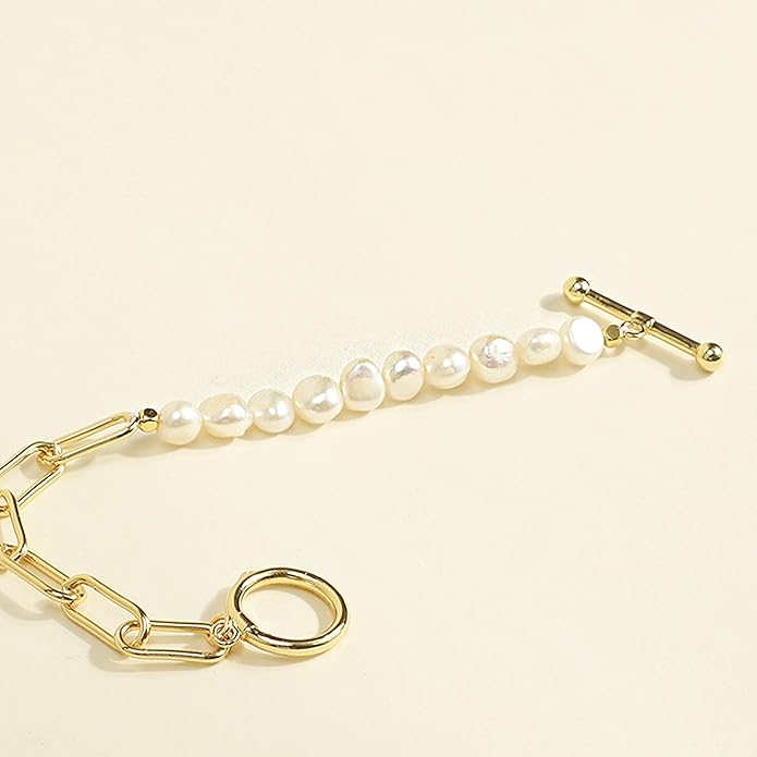 Cowlyn Pearl Bracelets for Women - Dainty 14K Gold Plated Beaded Pearl Link Chain Birthday Christmas Jewelry Gifts for Women