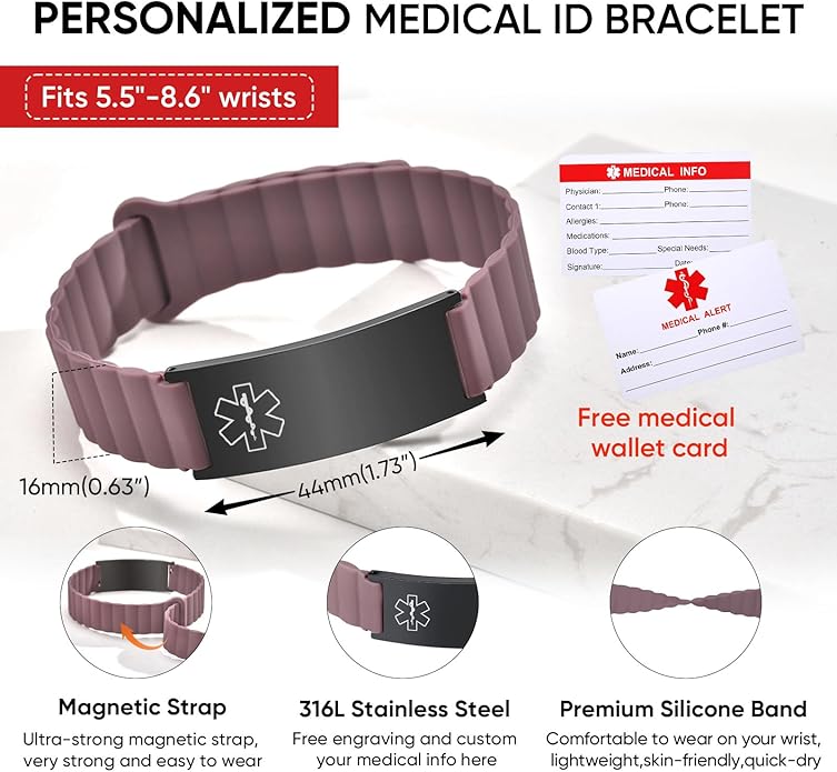 Comfortable Medical ID Bracelet for Men & Women - Custom Engraved Silicone Strap Comfort Fit Medical Alert Bracelets for Sports,Adjustable Waterproof Customizable Wristband for Diabetic