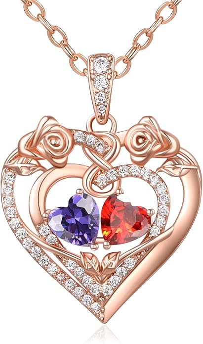 JIYVY32 Rose Heart Necklace for Women Exquisite 925 Sterling Silver Anniversary Birthday Gifts for Wife Mom Her Double Birthstone Pendant Jewelry