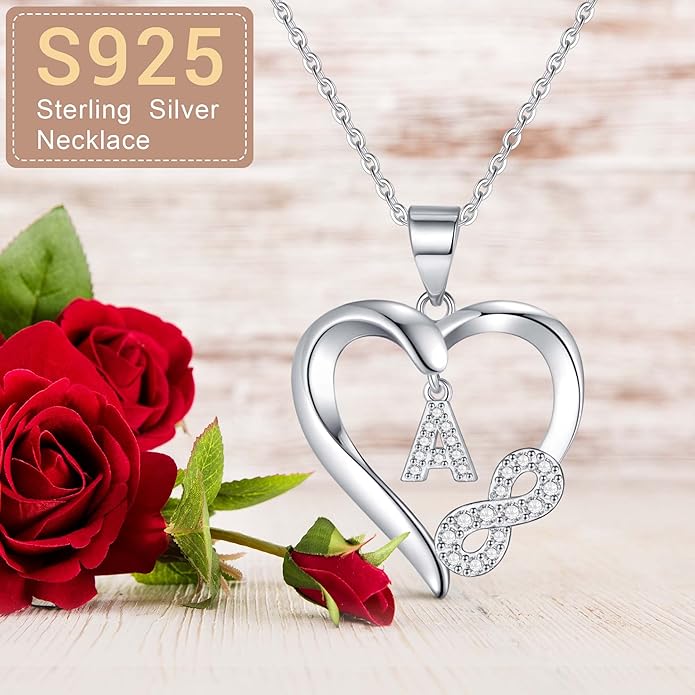 Valentine's Day Gifts for Women - Heart Initial Sterling Silver Necklace with Cubic Zirconia Heart Pendant, Elegant Jewelry Gift for Mom Wife Girlfriend, Perfect Birthday Present in Gift Box