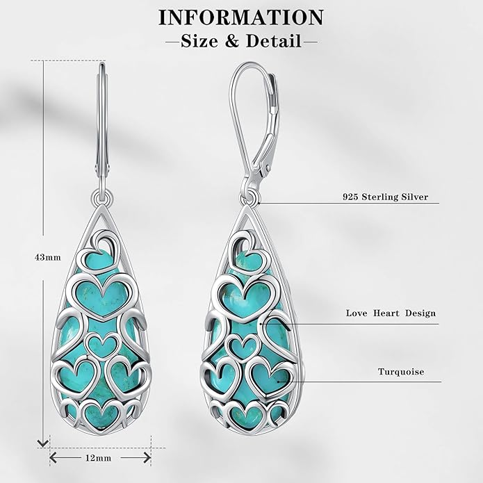 Turquoise Earrings for Women, 925 Sterling Silver Leverback Teardrop Earrings,Vintage Boho Western Turquoise Jewelry