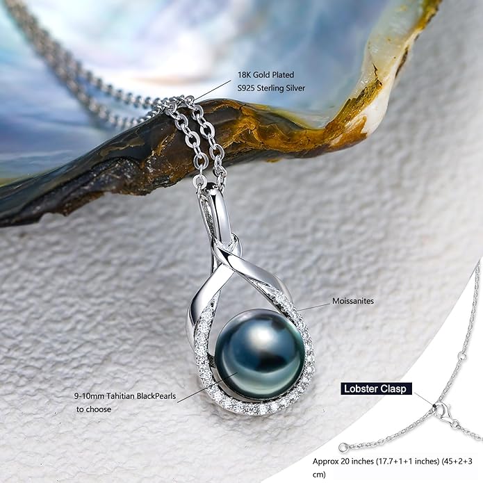 Genuine Tahitian Black Pearl Necklace for Women, 9-11mm AAAA Seawater Pearl with Sterling Silver Moissanite Pendant, Jewelry Gift for Wife, Mom, Girlfriend, Wedding Anniversary, Birthday, Christmas