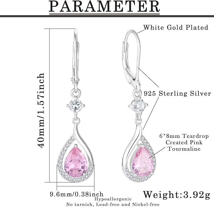 925 Sterling Silver Created Pink Tourmaline Jewelry Set for Women Teardrop Birthstone Dangle Drop Earrings and Necklace Set Jewelry for Her