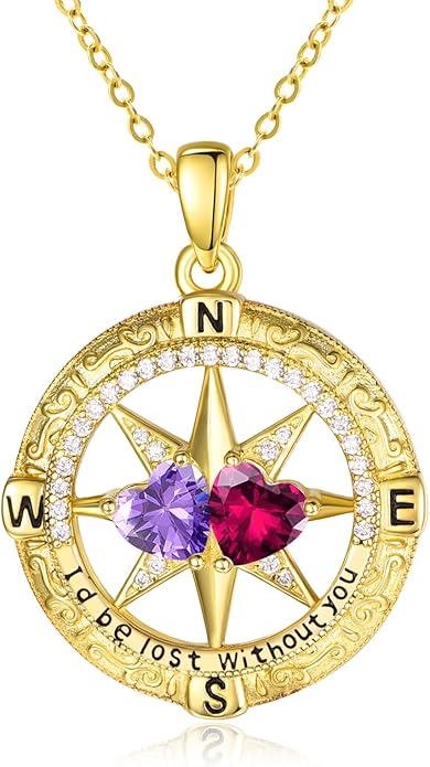 Zeuslia Double Birthstone Necklace Gifts for Wife - 925 Sterling Silver Sunflower/Rose/Crown Cross/Compass/Heart Pendant I Love You Necklace, Anniversary Birthday Gifts for Wife Girlfriend Mom Her