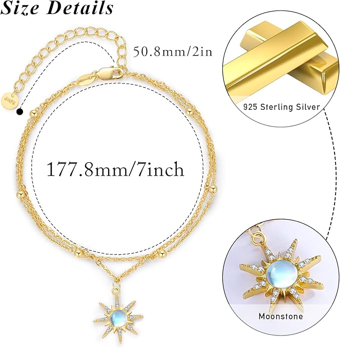Sun Bracelet/Anklet 925 Sterling Silver Moonstone Star Sunburst Adjustable Ankle Bracelet Star Celestial Jewelry for Women Daughter Friend Sister