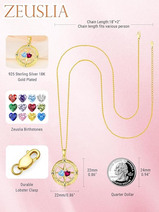 Zeuslia Double Birthstone Necklace Gifts for Wife - 925 Sterling Silver Sunflower/Rose/Crown Cross/Compass/Heart Pendant I Love You Necklace, Anniversary Birthday Gifts for Wife Girlfriend Mom Her