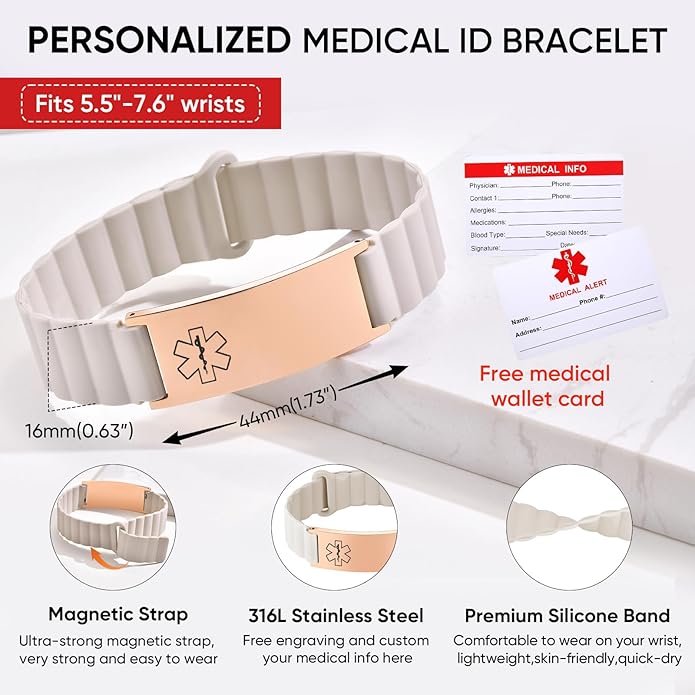 Comfortable Medical ID Bracelet for Men & Women - Custom Engraved Silicone Strap Comfort Fit Medical Alert Bracelets for Sports,Adjustable Waterproof Customizable Wristband for Diabetic