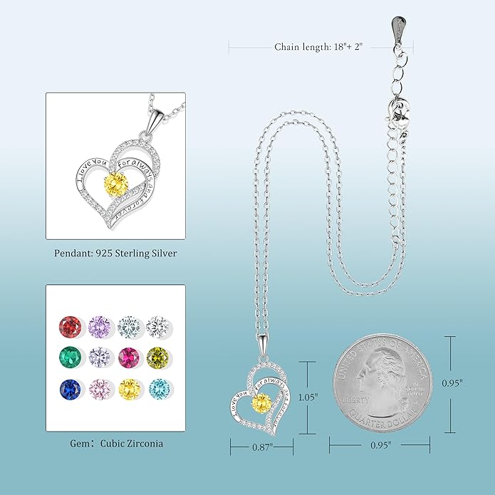 Heart Birthstone Silver Necklace for Women, S925 Sterling Silver Pendant Necklace Birthday Jewelry Gifts for Her Mother Mom Wife Girlfriend