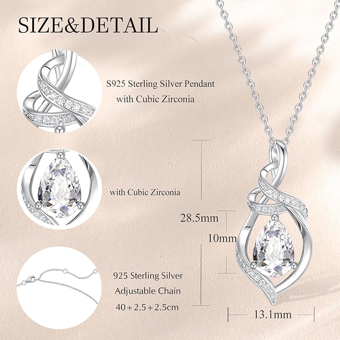 FANCIME Teardrop Gemstone Necklace for Women S925 Sterling Silver Elegant Ribbon Pendent Birthday Gifts for Her, 16"+2" Inches