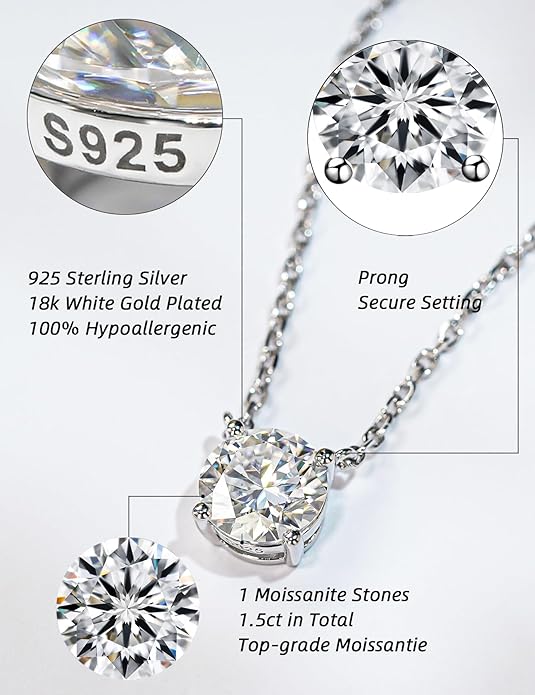 IMOLOVE Moissanite Solitaire Pendant Necklaces for Women Sterling Silver with 18K White Gold Plated 1-3 Carat D Color VVS1 Clarity Mossanite Jewelry for Women