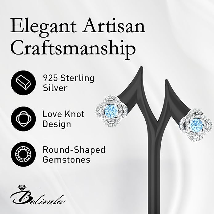 Women 925 Sterling Silver Cute Love Knot Sparkling Gemstone Push Back Stud Earrings Hanging Pendant Necklace Beautiful Fine Jewelry Accessory Set, 1.65 Carat