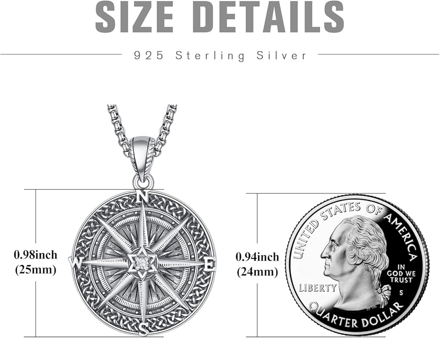 KINGWHYTE Compass Necklace for Men 925 Sterling Silver Birthday Gifts Graduation Travel Jewelry for Husband Brother with Stainless Steel Chain