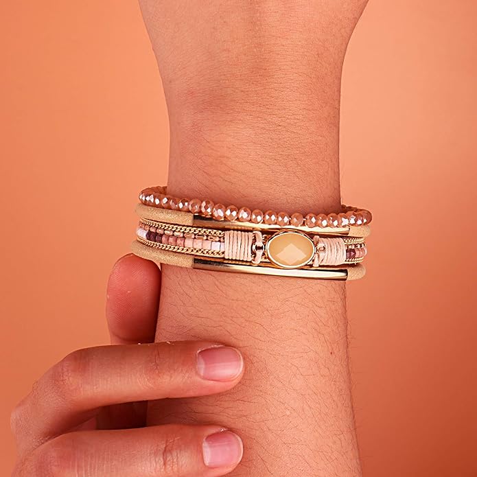 FANCY SHINY Leather Wrap Bracelets Crystal Beads Bracelet Boho Cuff Stone Charm Bracelets with Clasp Costume Jewelry for Women