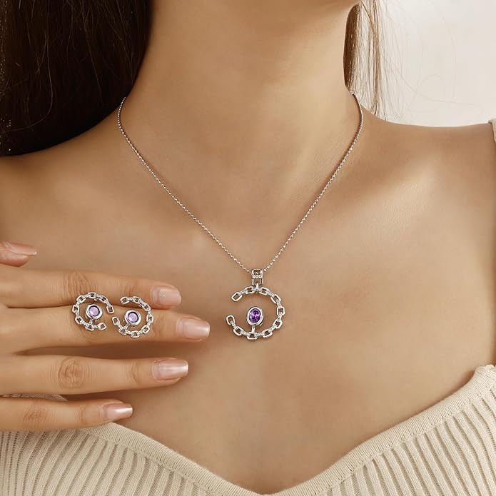 Ydou Elegant C-Shaped Crystal Necklaces/Stud Earrings Set with Birthstone Jewelry Set Silver Plated Fashion Jewelry for Women CS0003
