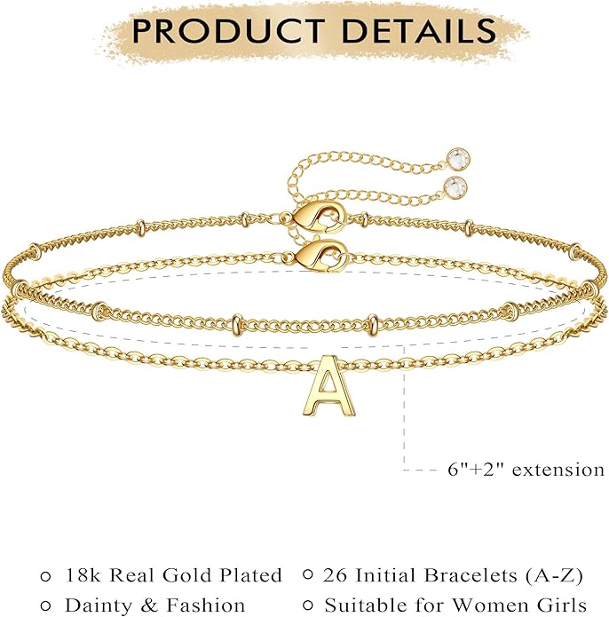 Turandoss Gold Initial Bracelets for Women, Dainty 18K Real Gold Plated Layered Letter A-Z Initial Bracelets Personalized 26 Alphabet Monogram Gold Bracelets for Women Jewelry Gifts Trendy