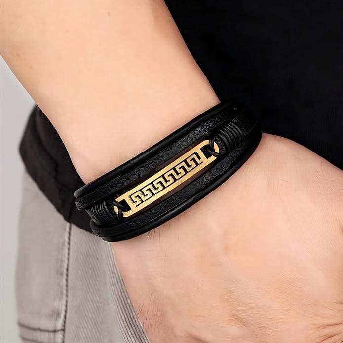 Italian Handmade Genuine Leather Bracelets for Men Stainless Steel Clip, Men's Casual Genuine Multi-layer Cuff Bracelet, Bracelet Gift for Real Men