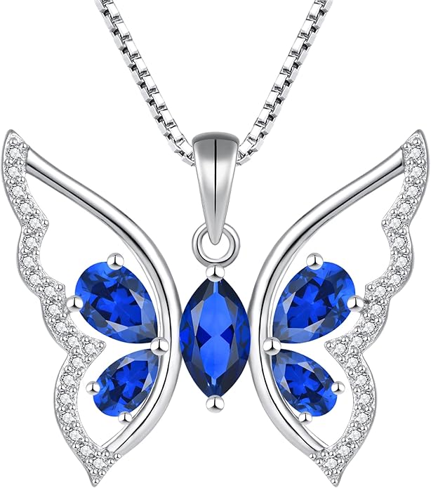 YL Women's Butterfly Necklace 925 Sterling Silver Flower Rose Pendant Birthstone Halo Jewelry