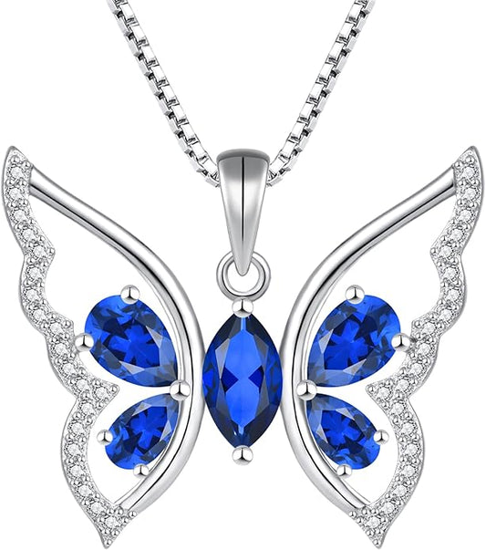 YL Women's Butterfly Necklace 925 Sterling Silver Flower Rose Pendant Birthstone Halo Jewelry