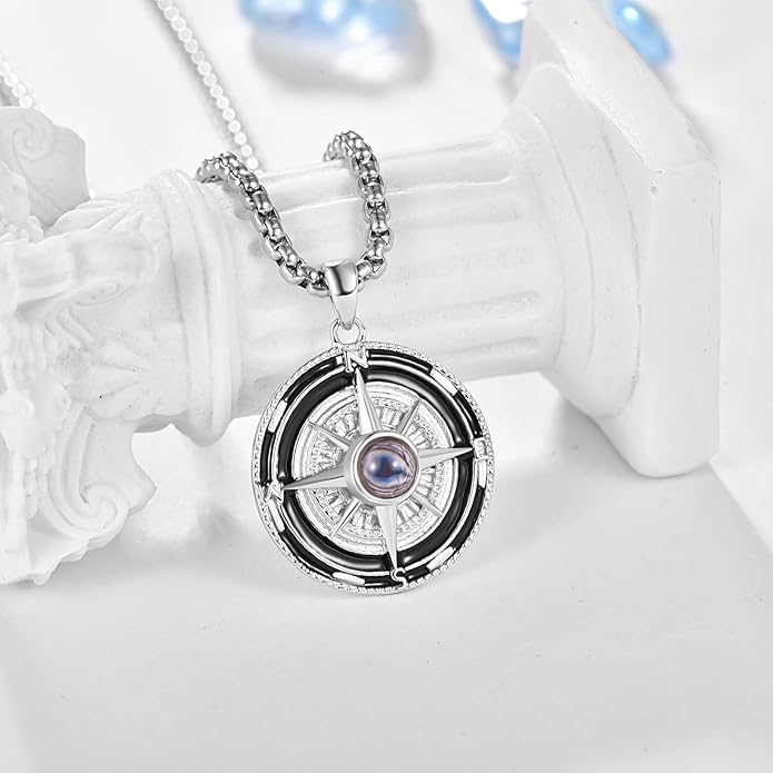 KINGWHYTE Compass Necklace for Men 925 Sterling Silver Birthday Gifts Graduation Travel Jewelry for Husband Brother with Stainless Steel Chain