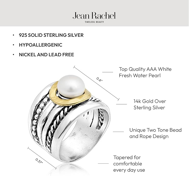 JEAN RACHEL JEWELRY Mixed Metal Two Tone Ring for Women – Pearl Rope Bead – 925 Sterling Silver & 14K Gold Over Silver – Freshwater Pearl Statement Ring – Hypoallergenic Design