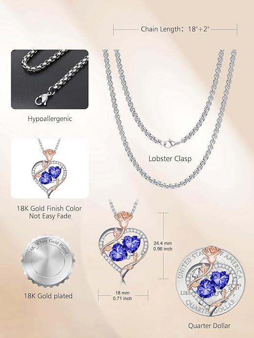 Christmas Gifts for Women Rose Heart Birthstone Pendant Necklace I Love You Forever Jewelry Valentine Mothers Day Birthday Gifts for Women Her Wife Girlfriend