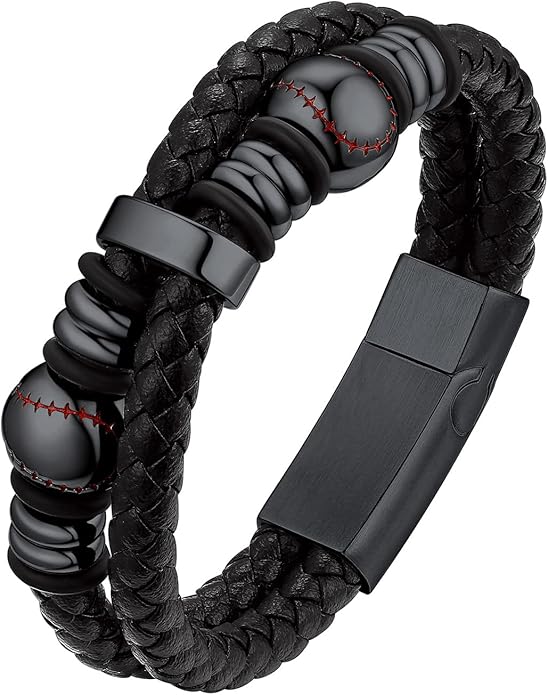 Bestyle Genuine Men Leather Bracelets Fashion Stainless Steel Celtic/Sport Ball Bead Cuff Wirstband Bracelets for Men, Size 7.5/8.3/9.1Inch