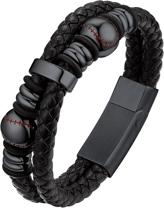 Bestyle Genuine Men Leather Bracelets Fashion Stainless Steel Celtic/Sport Ball Bead Cuff Wirstband Bracelets for Men, Size 7.5/8.3/9.1Inch