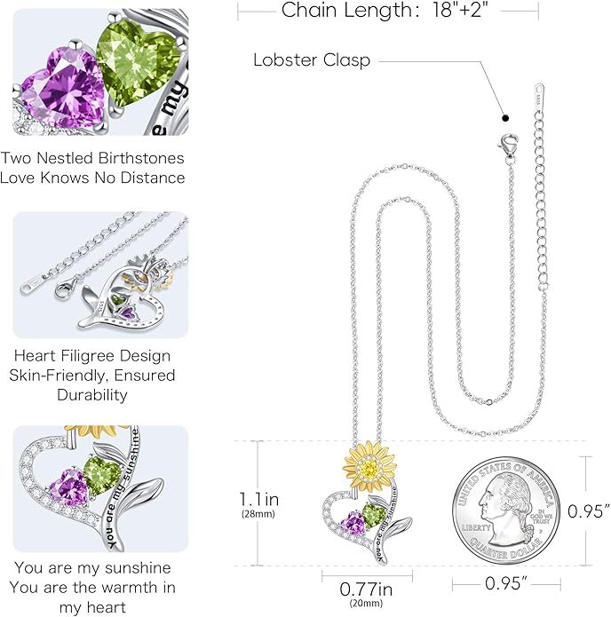 PERJI Valentine's Day Gifts for Women - 925 Sterling Silver Double Birthstone Sunflower Necklace, Anniversary Birthday Jewelry You are My Sunshine Gifts for Wife Couple Girlfriend 18"+2" Non Tarnish