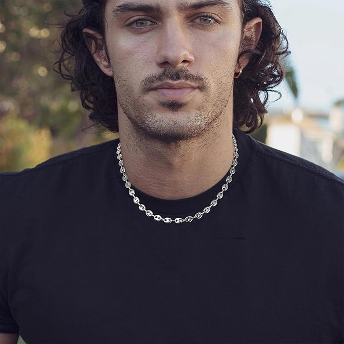 HZMAN Stainless Steel Necklace for Men Hip Hop Polished Coffee Bean Silver Men's Chain Necklace Jewelry Gift