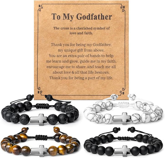Romass 2Pcs Cross Bracelet for Men,Tiger Eye Beaded Bracelets 8MM Natural Stone Adjustable Jewelry Christian Easter Christmas Gifts Box