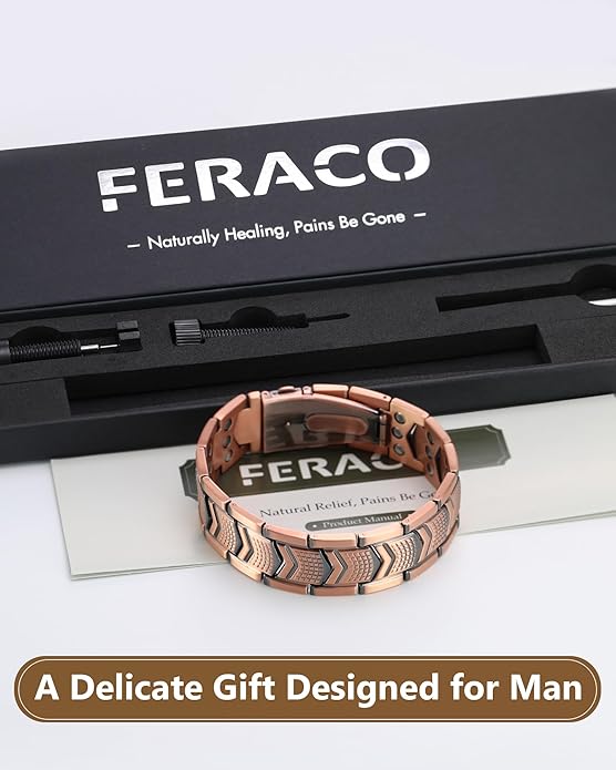 Feraco Copper Bracelet for Men 3X Strength,Magnetic Therapy Bracelet Copper Jewelry with Powerful 3800 Gauss Magnets,Premium Fold-Over Clasp