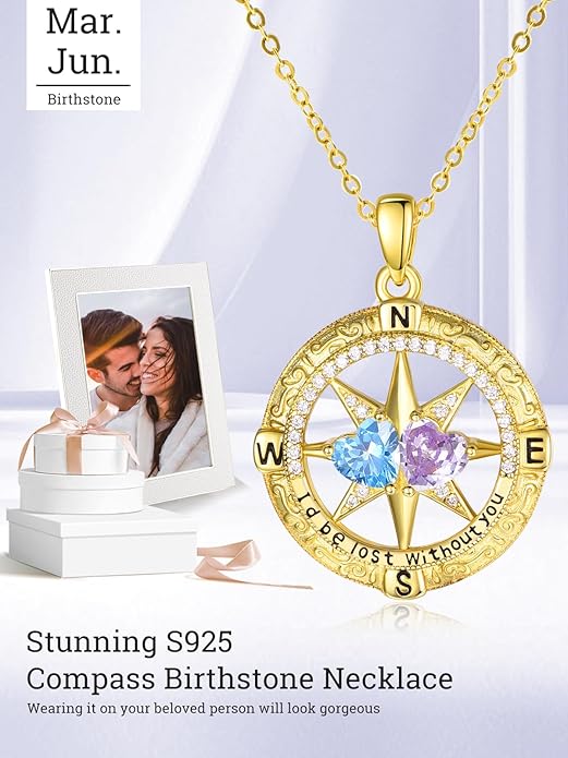 Zeuslia Double Birthstone Necklace Gifts for Wife - 925 Sterling Silver Sunflower/Rose/Crown Cross/Compass/Heart Pendant I Love You Necklace, Anniversary Birthday Gifts for Wife Girlfriend Mom Her
