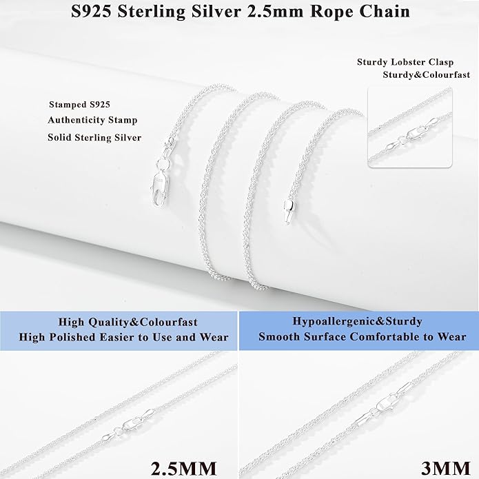 Avotto 925 Sterling Silver Solid 2.5mm 3mm Rope Chain Necklace for Men Boys, Sturdy Non-Fading Mens Boys Silver Chain Jewelry Gifts for Him 14/16/18/20/22/24 Inch