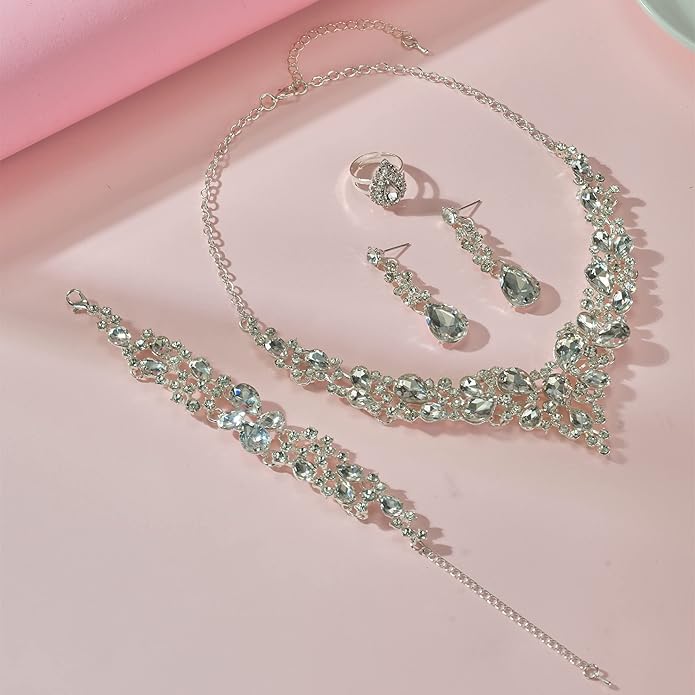 Paxuan Crystal Bridal Wedding Jewelry Sets for Women Rhinestone Teardrop Crystal Statement Choker Necklace Drop Earrings Link Bracelets Rings Teardrop Jewelry Set for Brides Bridesmaids