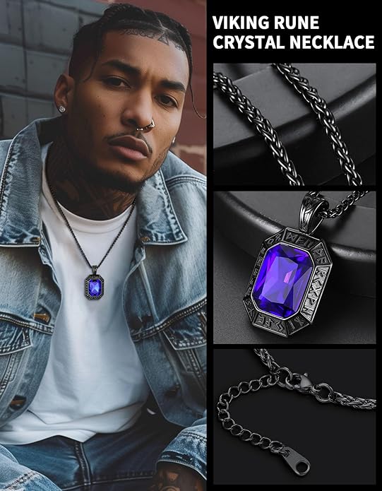 ChainsHouse Viking Rune Pendant Necklace for Men Women, Punk Biker Black Metal/316L Stainless Steel Onyx Norse Vintage Amulet Necklaces with Black/Red/Green/Blue Gemstone, Send Gift Box