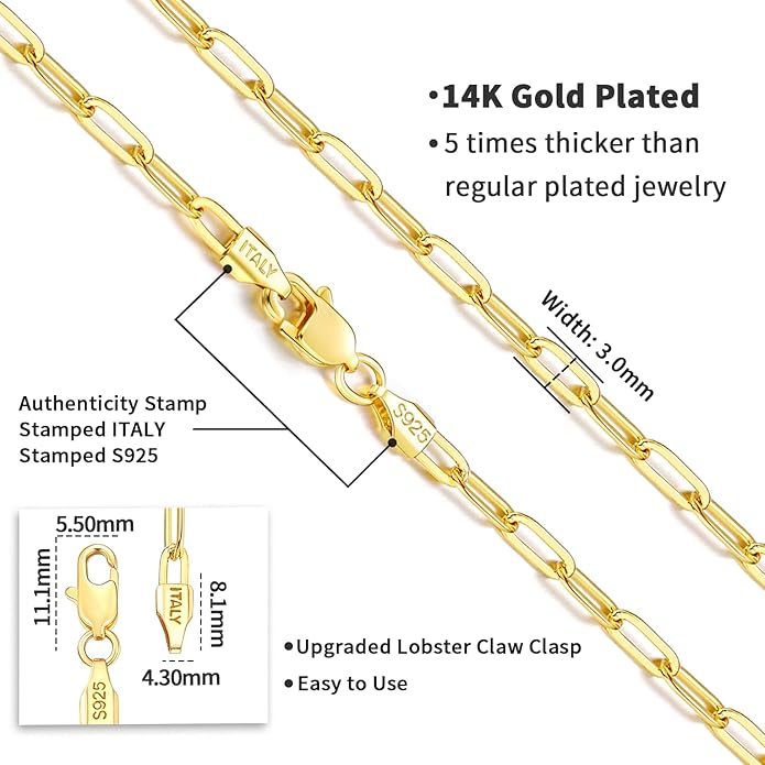 Jewlpire 14K Gold Plated 925 Sterling Silver Paperclip Chain Necklace for Women, 2.5mm 3mm Necklace for Women, Comfortable Women's Chain Necklaces 16 18 20 22 24 26 Inch