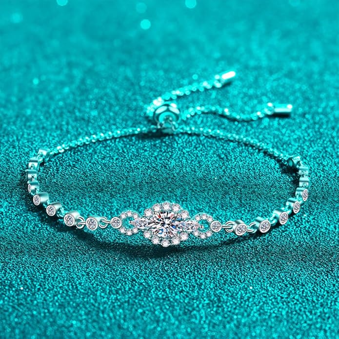 14K White Gold Over S925 Sterling Silver Oval Cut 0.5ct Sapphire Bracelet Adjustable with Sparkling D-color Diamond, Ideal Gift for Her at Special Occasion