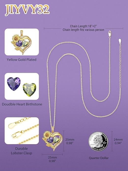 Sunflower Heart Necklace for Women 14K Gold Exquisite Anniversary Birthday Gifts for Wife Mother Her Double Birthstone Pendant jewelry‘You Are My Sunshine’