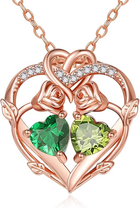 Rose Gold Necklaces for Women Double Birthstone Rose Flower Heart Pendant Necklace Jewelry Anniversary Christmas Valentine's Mother's Day Birthday Gift for Wife Mom Her Girlfriend Sister