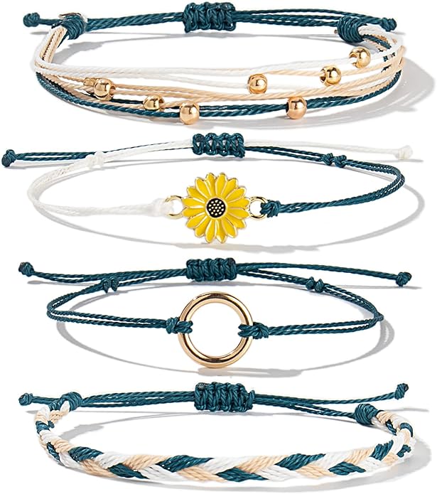 FANCY SHINY Sunflower String Bracelet Boho Braided Rope Wrap Bracelets Cute Summer Beach Surfer Jewelry for Women