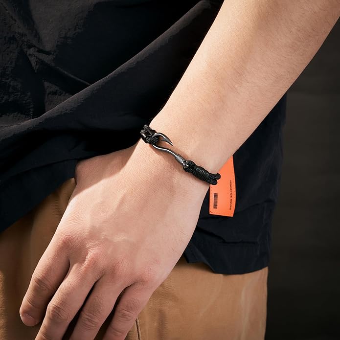Black Bracelet for Men Husband Dad Fishing Gifts for Men Who Loves Fishing Just Hook It with Message Card