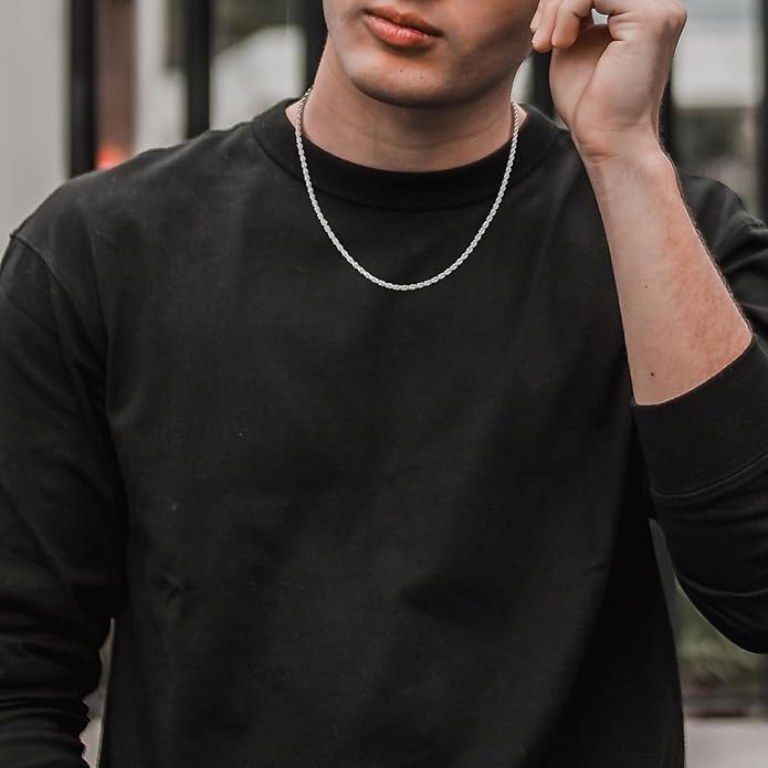 BRIJEWNES 925 Sterling Silver Clasp 2/2.5/3/4/5mm Silver Chain for Men Mens Necklace Rope Chain Necklace Diamond Cut Silver Mens Chain Necklace 16 18 20 22 24 26 28 30 Inches