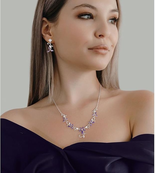 Crysdue Flower Leaf Wedding Jewelry Set for Bridal Bridemaid, Cubic Zirconia Teardrop Elegant Silver/14K/Rose Gold Plated Vine Necklace Dangle Earrings for Prom Party