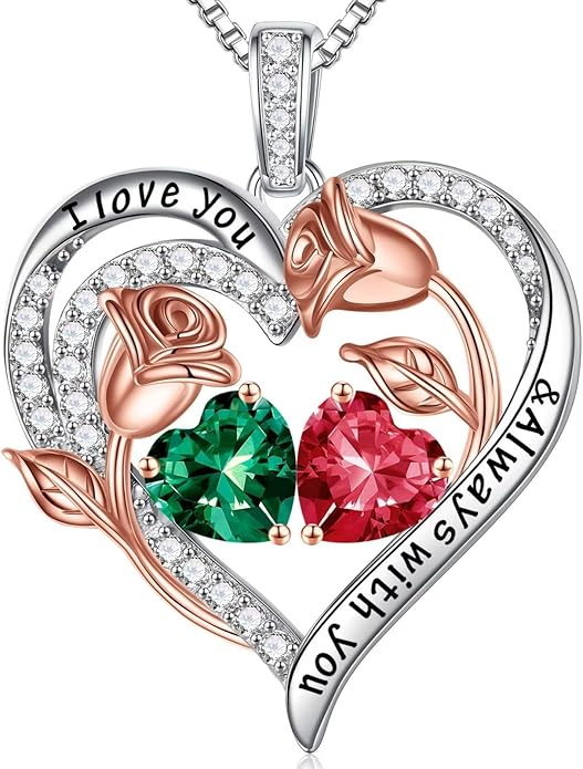 Iefil Birthstone Necklace for Women - 925 Sterling Silver Rose Heart Birthstone Necklace Birthday Anniversary Jewelry Gifts for Her Wife Mom Daughter