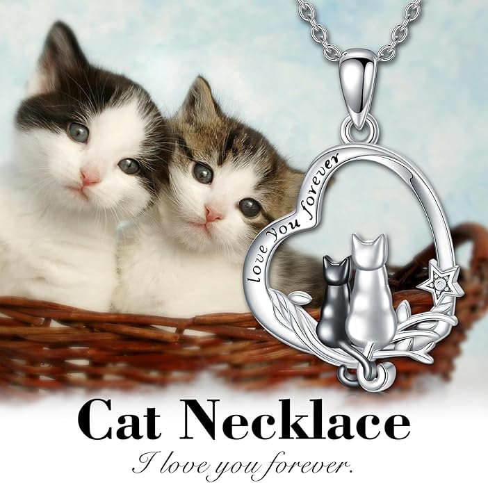 Cat Gifts for Women 925 Sterling Silver Heart Moon Cat Necklace Pendant Women Jewelry Halloween Christmas Gifts