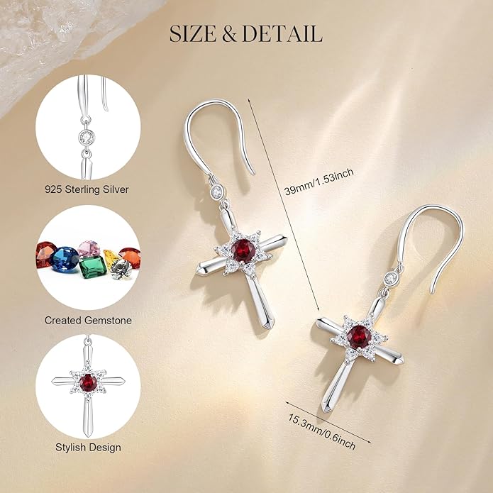 FANCIME Cross Dangle Drop Earrings 925 Sterling Silver Dainty Round Birthstone Earring Fine Jewelry Birthday Gifts for Her Women