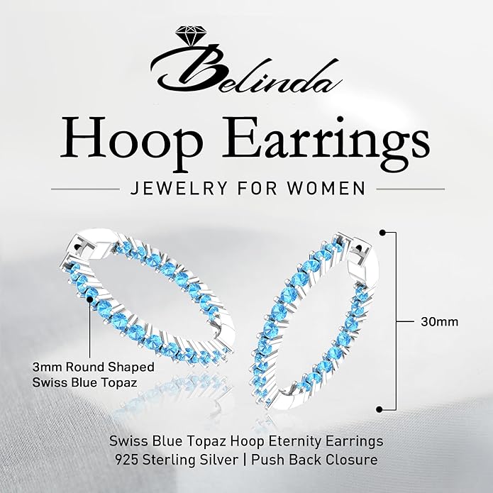 Hoop Earrings with 40 Colored Gemstones, Birthstone Earrings, 925 Sterling Silver Rhodium Plated, Push Back Closure, 1.18'