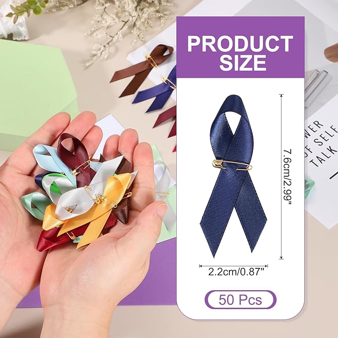 PATIKIL 50 Pcs Polyester Ribbon Satin Pins, Satin Ribbon with Safety Pins for Charity Public Social Event Party Clothing Decoration Anniversary, Ink Blue