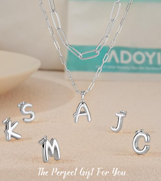 adoyi Gold Necklace for Women Layered Bubble Heart Letter Initial Necklaces for Women Trendy Jewelry 14K Gold Plated Chain Chunky Name Necklace Stack Charm A-Z Pendant Set Jewelry Gifts