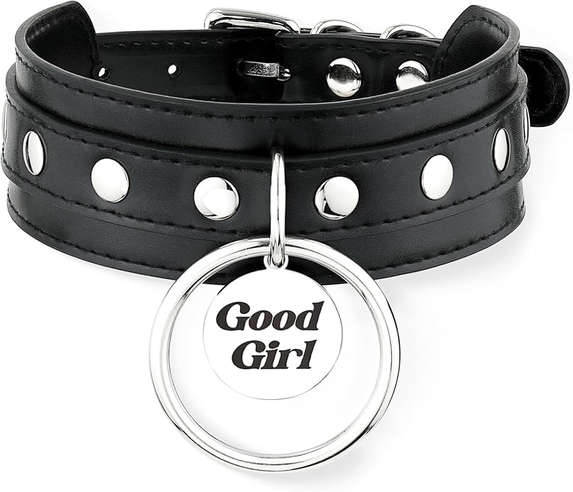 Black O-ring Leather Choker Collar for Women, Gothic Punk Style Adjustable Choker Necklace with Rivets and Engraved Letters Steel Tag